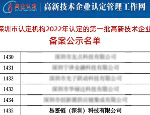 易签链公司顺利通过 2022年度第一批国家高新技术企业认定